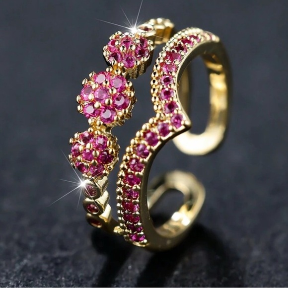 Gold and Pink Open Design Ring with Pink Gemstones - Picture 1 of 7